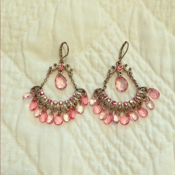 Silver with Pink Crystals Drop Earrings - Picture 1 of 3